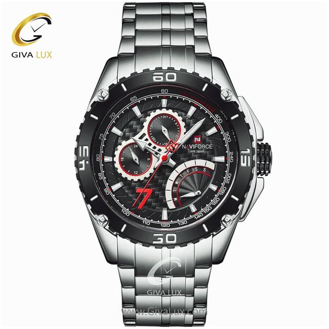 ساعت مچی اورجینال مردانه ناوی فورس|Naviforce|نوی فورس|نیوی فورس سه موتوره فول تایم نقره ای | نقره ای| مشکی| کد رفرنس NF9183